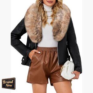 Faux Leather Moto Jacket with Removable Fur Collar, Sherpa Lined, Slim Fit
